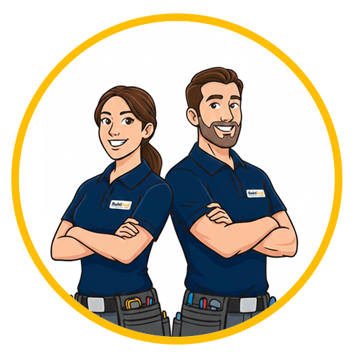 Build Bud Mascots illustration posing back to back smiling