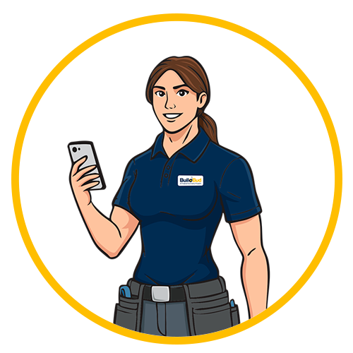 Female Build Bud Mascot illustration holding a mobile phone