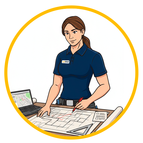 Female Build Bud Mascot illustration working on planning application