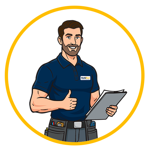 Illustration of a friendly male build bud mascot holding a clipboard .