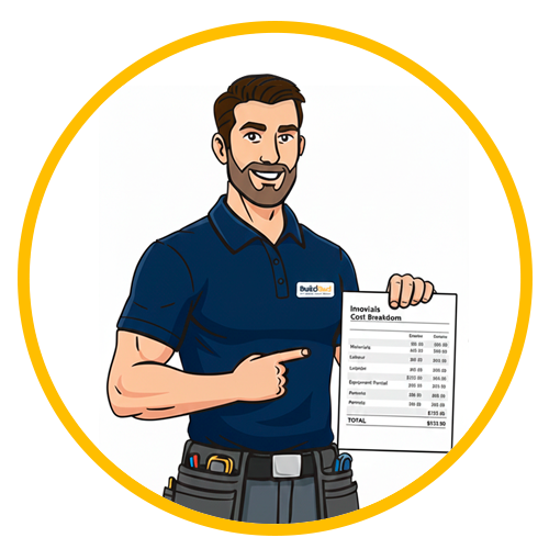 Male Build Bud Mascot illustration holding an itemised cost breakdown