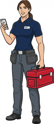 Illustration of a friendly female build bud mascot holding a carrying a toolbox .