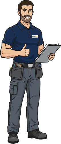 Illustration of a friendly male build bud mascot holding a clipboard .